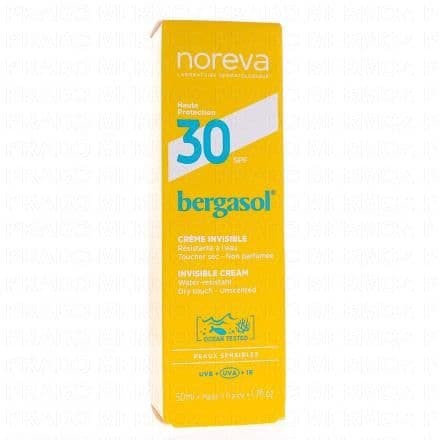 Crème invisible SPF30. Peaux sensibles. La crème solaire Bergasol SPF30 offre une protection efficace contre les rayons UVB, UVA, la lumière visible et les infrarouges. Sa formule enrichie en actifs antioxydants et nourrissants, tels que l'huile de dattier du désert et l'huile d'onagre bio, protège la peau tout en la maintenant hydratée. Sa texture fluide au fini invisible et au toucher sec assure une application agréable sans résidus gras. Non parfumée, elle convient parfaitement à tous types de peaux même sensibles. Testé sur l'écosystème marin, sans alcool, sans parabène, sans conservateur, et avec un pH neutre pour la peau il est Ocean Protect.
