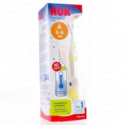 NUK First Choice+ - Biberon 1er âge 0-6mois 300ml spéciale nuit phosphorescent 8h