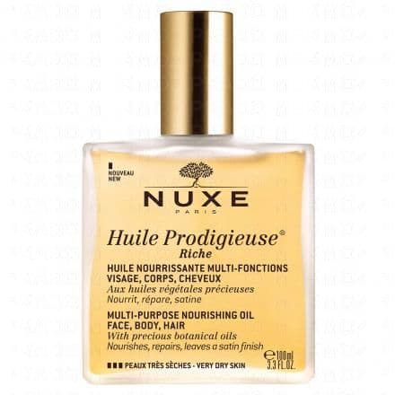Huile nourrissante multi-fonctions pour peaux très sèches. Visage, corps et cheveux. L'huile Prodigieuse riche a été spécialement conçue pour les peaux très sèches. Aux huiles végétales précieuses, elle nourrit, répare et satine votre peau . Sa texture non grasse à base d'huile de Tsubaki hautement nourrissante, hydrate profondément la peau de votre visage, de votre corps et vos cheveux. En un seul geste votre peau est plus douce et plus souple et vos cheveux retour leur éclat naturel.