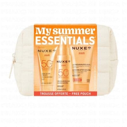 Cette trousse contient : - 1 Crème solaire fondante visage SPF50 30ml- 1 Spray solaire délicieux SPF50 50ml- 1 Lait fraicheur après soleil 50ml Crème solaire fondante visage SPF50 30ml :Crème haute protection anti-âge pour le visage. Elle protège des UVA/UVB et du photo-vieillissement cutané (tâches). Hydrate et apaise.Spray solaire délicieux SPF50 50ml :Nuxe Sun Spray Solaire Délicieux SPF50 50 ml est une protection cellulaire anti-âge qui hydrate, prévient les taches. Cette haute protection solaire convient à toutes les peaux.Ce spray protège visage et corps des rayons du soleil tout en contribuant au respect du milieu marin.Son complexe filtrant breveté offre une protection large spectre UVA/UVB et prévient le photo-vieillissement cutané prématuré.Sa texture ultra-légère hydrate et pénètre immédiatement pour sublimer le bronzage. Sans fini gras ni collant, il laisse la peau douce.Son parfum d'évasion aux notes d'orange douce, de fleur de tiaré et de vanille est une irrésistible invitation à profiter de l'été.Lait fraicheur après soleil 50ml :Ce soin Après-Soleil Visage et Corps, répare, hydrate et prolonge le bronzage, de plus grâce à sa texture fraîche, il procure une sensation immédiate de confort et d'apaisement. Son doux parfum laissera un voile renversant aux notes d'Orange Douce, Fleurs de Tiaré et Vanille.