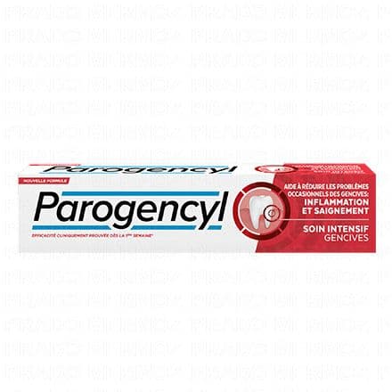 PAROGENCYL Dentifrice soin intensif gencives Vos gencives jouent un rôle essentiel de protection des tissus de soutien de vos dents. L'accumulation de plaque bactérienne peut provoquer une inflammation occasionnelle des gencives: gonflement, rougeur, saignement occasionnel. Une hygiène bucco-dentaire rigoureuse permet de limiter la prolifération des bactéries responsables de la formation de la plaque dentaire. Le brossage quotidien avec Parogencyl Soin Intensif Gencives aide à réduire les signes d'inflammation gingivale occasionnelle (y compris les saignements). La formule, qui contient du Digluconate de Chlorhexidine à 0,125 % et de la vitamine B3 à 3% : - Aide à lutter contre l'accumulation de la plaque bactérienne à l'origine des problèmes de gencives.- Aide à prévenir et à réduire l'inflammation gingivale occasionnelle. Le fluorure de sodium (1450 ppm) est également présent pour aider à prévenir les caries et à renforcer l'émail. Il est recommandé de se brosser les dents après chaque repas. Si les symptômes persistent, consultez votre dentiste.