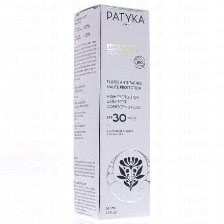 Sa texture légère et ultra-fluide, effet seconde peau, fond instantanément sur la peau. Fruit de la Recherche Avancée PATYKA, le Fluide Anti-Taches Haute Protection SPF30 est une crème de jour qui associe l’exceptionnel pouvoir éclaircissant de la Fougère des Mers à une double protection UVA/UVB et antiradicalaire pour prévenir et corriger l’apparition de tous les types de taches (lentigos solaires, taches de vieillesse, post-inflammatoire, mélasma)Haute Correction Anti-Taches : grâce à l'action de la Fougère des mers, un actif botanique capable de réduire l’intensité et la surface des taches pigmentaires par sa puissante action mélanoréductrice.Haute Protection UV & antiradicalaire : L’association de deux filtres minéraux naturels (l’Oxyde de Zinc et le Dioxyde de Titane) et d’un puissant complexe antioxydant (Vitamine E et Pongamia) protège la peau des rayons UVA/UVB et des radicaux libres, responsables de l’apparition des taches.Haute Hydratation : pour garantir une hydratation optimale et apporter du confort à la peau, sa formule contient également de l’Acide Hyaluronique de Haut Poids moléculaire, qui va maintenir les réserves en eau de l'épiderme, et de l’Aloe Vera bio.
