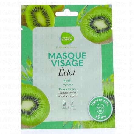 Masque visage éclat au kiwi. Le masque visage Pharmascience redonne de l'éclat aux peaux ternes grâce au kiwi connu pour sa teneur élevée en vitamine C antioxydante. Il illumine le teint et hydrate la peau sans dessécher pour un toucher doux et souple.