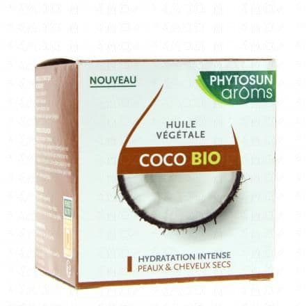 Hydratation intense peaux et cheveux secs L’Huile Végétale de Coco BIO Phytosun Arôms apporte une hydratation intense et longue durée aux peaux sèches et très sèches. Après application, la peau est réparée et protégée des agressions extérieures (froid, vent, pollution, soleil…). Sa texture rapidement absorbée en fait un soin quotidien idéal pour le visage et pour le corps.Appliquée sur les cheveux, elle hydrate et répare intensément les fibres capillaires abîmées et agressées pour des cheveux plus doux, brillants et souples. Elle peut être utilisée en masque capillaire avant le shampooing.L’Huile Végétale de Coco Phytosun Arôms peut aussi être utilisée de manière quotidienne sur les yeux pour enlever et nettoyer le maquillage.