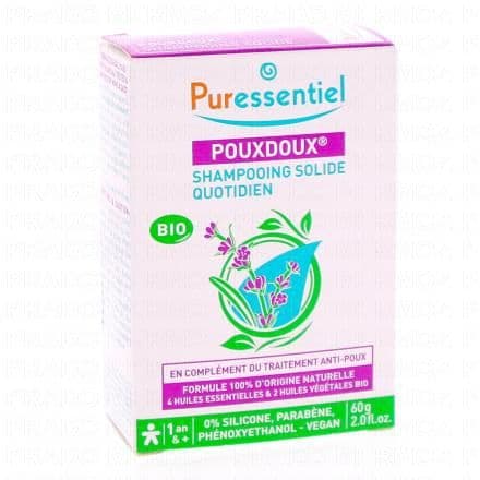 Shampoing solide anti poux. En complément du traitement anti poux Découvrez le shampoing solide Puressentiel, formulé avec 100% d'ingrédients d'origine naturelle. Grâce aux 4 huiles essentielles et aux 2 huiles végétales bio qui le composent, il apaise le cuir chevelu et adoucit les cheveux. Il est le complément idéal pour un traitement complet anti poux