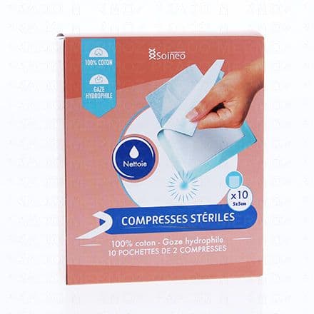 Gaze hydrophile 100% coton 10 pochettes de 2 compresses stériles Les compresses de gaz stériles sont idéales pour nettoyer puis recouvrir les blessures, plaies et bobos du quotidien