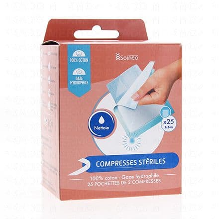 Gaze hydrophile 100% coton 10 pochettes de 2 compresses stériles Les compresses de gaz stériles sont idéales pour nettoyer puis recouvrir les blessures, plaies et bobos du quotidien