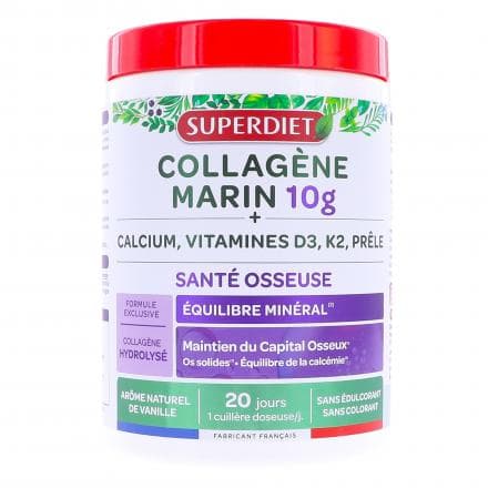 Calcium, Prêle, Vitamine D3 SUPERDIET Collagène Marin 10g + Calcium, Vitamines D3, K2, Prêle 240g est un complément alimentaire qui contribue au maintien d'une ossature normale grâce à la présence de Calcium et de vitamine D.