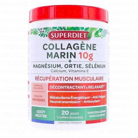 Calcium, Magnésium, Ortie, Sélénium, Vitamine B12, Vitamine B2, Vitamine B3, Vitamine B5, Vitamine B6, Vitamine B8, Vitamine B9, Vitamine E SUPERDIET Collagène Marin 10g + Magnésium, Ortie, Sélénium 240g est un complément alimentaire qui contribue au maintien d'une fonction musculaire normale grâce à la présence de Magnésium et de Calcium. L'Ortie aide à maintenir la souplesse des articulations, des muscles et des tendons. L'ensemble des vitamines du groupe B favorisent le maintien d'un métabolisme énergétique normal.