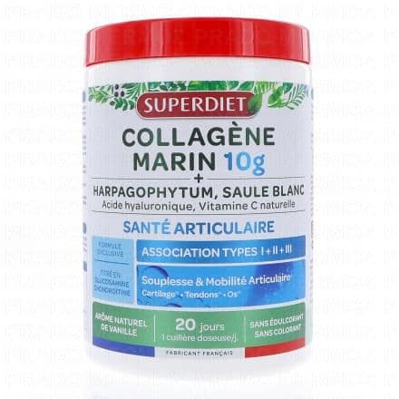 Collagène, Harpagophytum, Saule blanc, Vitamine C, Acide Hyaluronique SUPERDIET Collagène Marin Santé Articulaire 210g est un complément alimentaire qui contribue à la souplesse et à la bonne santé des articulations grâce à l'harpagophytum et au saule blanc. La vitamine E contribue à la fabrication de collagène pour assurer la fonction normale des os et cartilages.