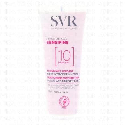 Hydratant apaisant SVR Sensifine Masque SOS 75 ml est un masque hydratant et apaisant spécialement conçu pour répondre aux besoins des peaux intolérantes et poly-allergiques. Ce masque visage et cou convient à tous les types de peaux, offrant un soulagement immédiat aux peaux irritées, réactives ou déshydratées.Sa formule minimaliste, composée de seulement 10 ingrédients, est hautement concentrée en actifs apaisants et nourrissants pour calmer les crises cutanées et restaurer le confort de la peau. Ce masque protège contre les agressions extérieures, atténuant les sensations de tiraillements et les rougeurs dues à la déshydratation pour un confort immédiat et durable.Les ingrédients clés incluent le Panthénol pour apaiser, le Beurre de Karité pour hydrater intensément et protéger, le Squalane et la Glycérine Végétale pour une hydratation profonde, l'Argile rose pour réparer, détoxifier et purifier en douceur, et la Vitamine B12 pour apaiser, régénérer et donner une teinte naturellement rose au masque.