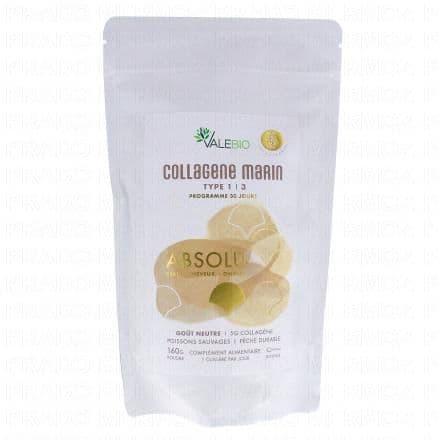 Collagène VALEBIO Collagene marin 160g est un complément alimentaire qui contribue au maintien d'une peau en bonne santé grâce à la présence de Collagène.