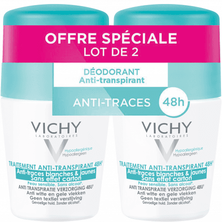 VICHY Déodorant traitement anti-transpirant 48h anti-traces blanches & jaunes lot de 2 roll'ons x 50ml