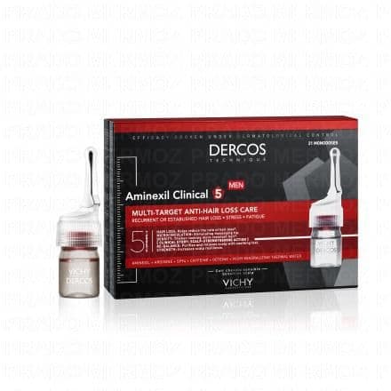 Vichy Aminexil clinical 5 hommes. Traitement anti-chute multi-cibles.Efficacité cliniquement prouvée en 6 semaines. Vichy vous propose un soin traitant anti-chute renforcé: Vichy Aminexil Clinical 5.Ce nouveau soin renforce votre cuir chevelu et vos cheveux dès 3 semaines d'utilisation . Grâce à l'association exclusive de l'Aminexil, (molécule anti-chute de référence) et 5 actifs, Aminexil Clinical 5 vous offre une action complète pour lutter efficacement contre la chute de vos cheveux. En 6 semaines seulement la chute de vos cheveux est ralentie, l'ancrage des cheveux est renforcée, la fibre est plus forte et résistante, les micro-déséquilibres du cuir chevelu et renforce sa capacité de résistance.