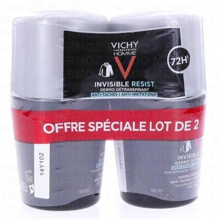 VICHY Homme Dermo-détranspirant Invisible Protect 72h anti-taches anti-irritations lot de 2 x 50ml