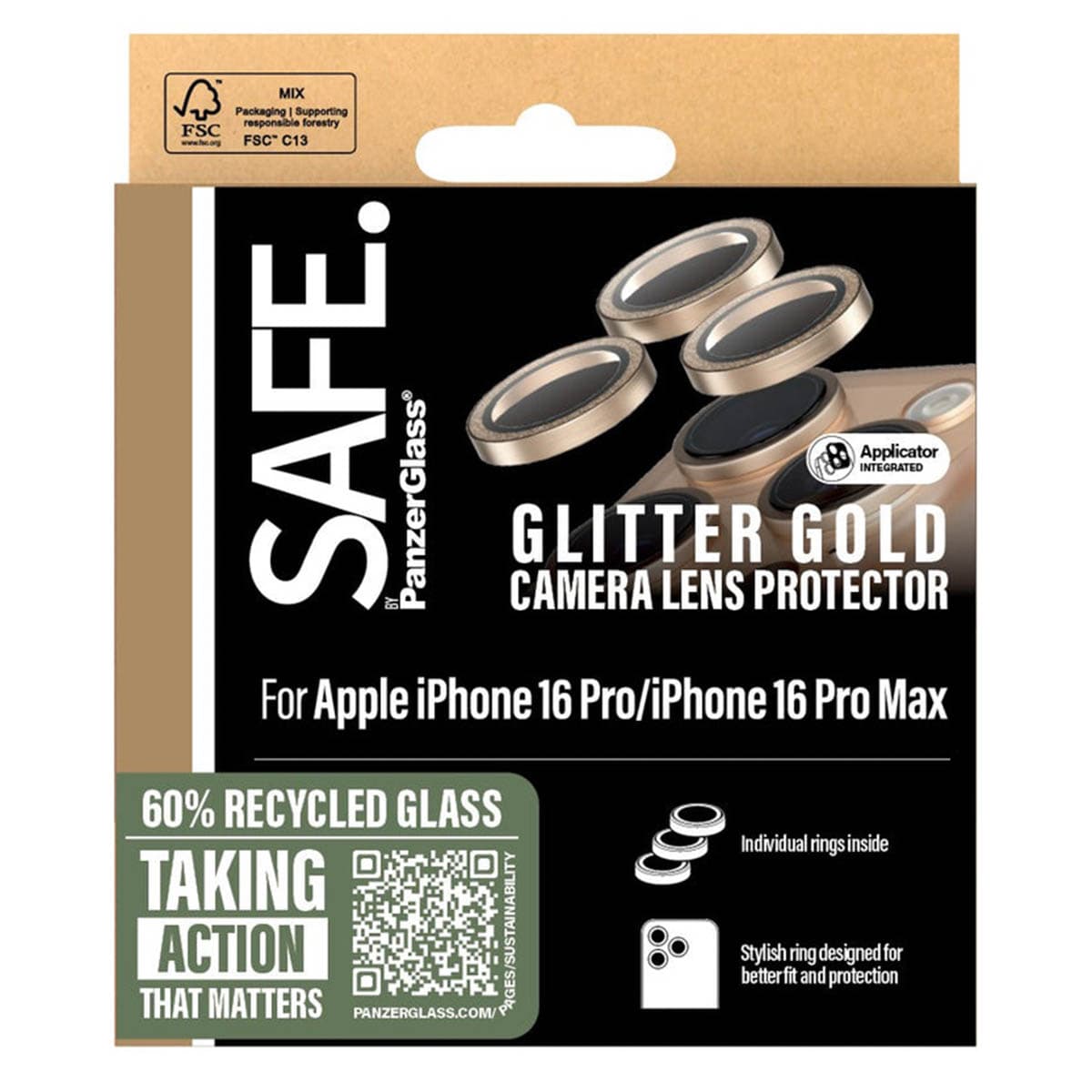 SAFE by PanzerGlass Protection d'objectif de caméra Apple iPhone 16 Pro / 16 Pro Max - Glitter Gold