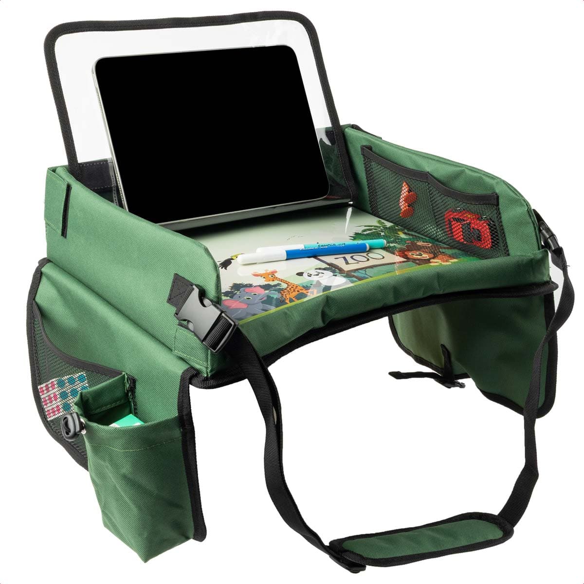 imoshion Table de voyage - Support de tablette voiture - 7 compartiments de rangement - Inclus 2 coloriages - Vert