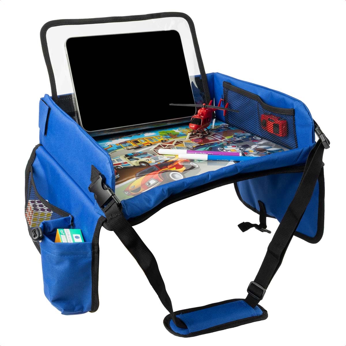imoshion Table de voyage - Support de tablette voiture - 7 compartiments de rangement - Inclus 2 coloriages - Bleu