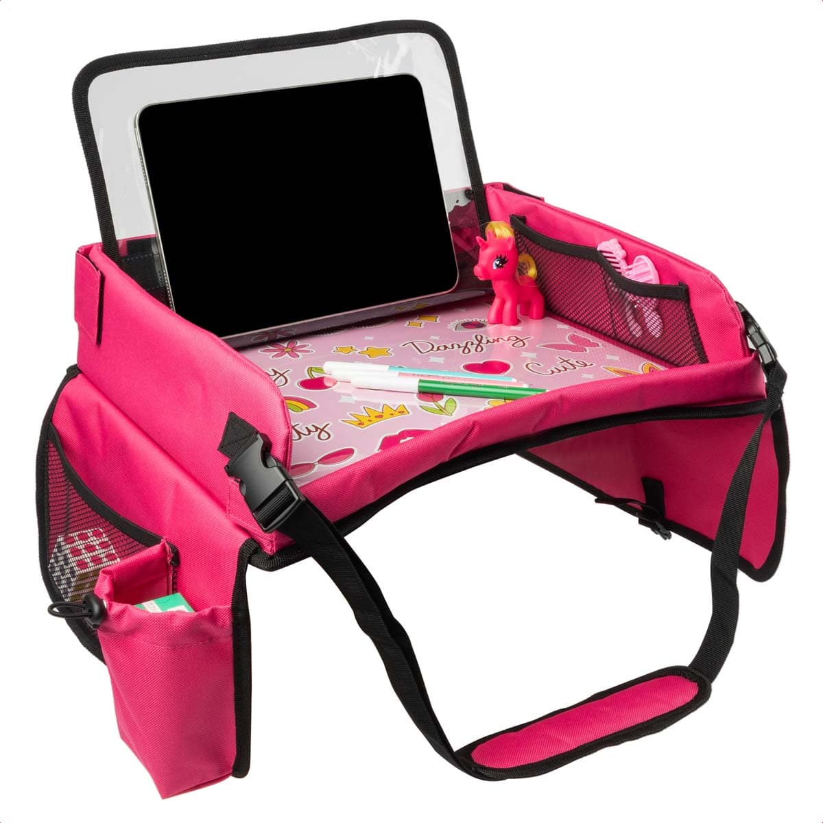 imoshion Table de voyage - Support de tablette voiture - 7 compartiments de rangement - Inclus 2 coloriages - Rose