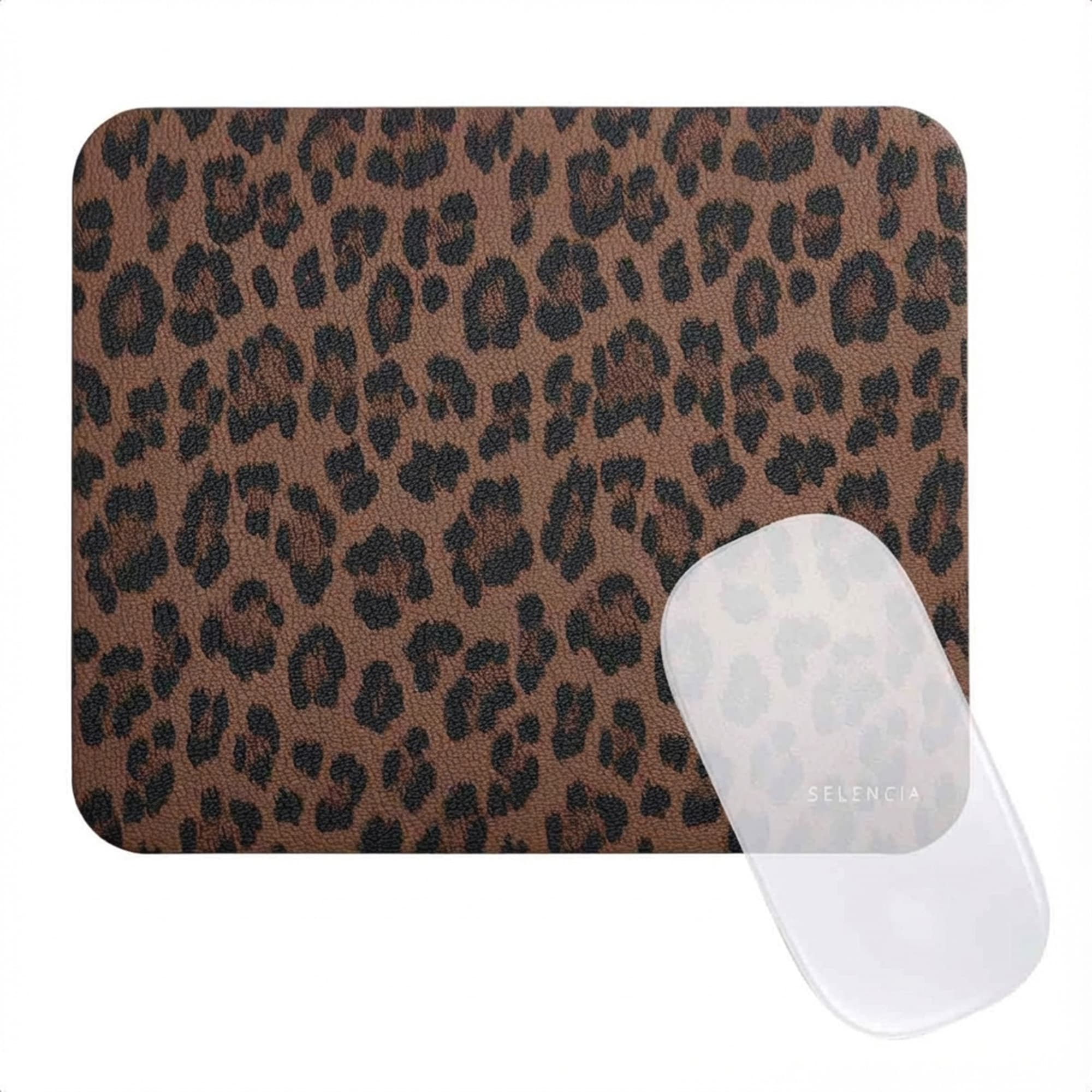 Selencia Sabi Tapis de Souris en Similicuir imprimé panthère - 20 x 24 cm - Mocha Brown